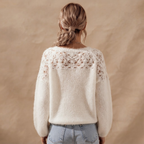 Back view of the Anouk Sweater Open-Knit Lace-Sleeve in White, highlighting the open-knit texture and relaxed silhouette.