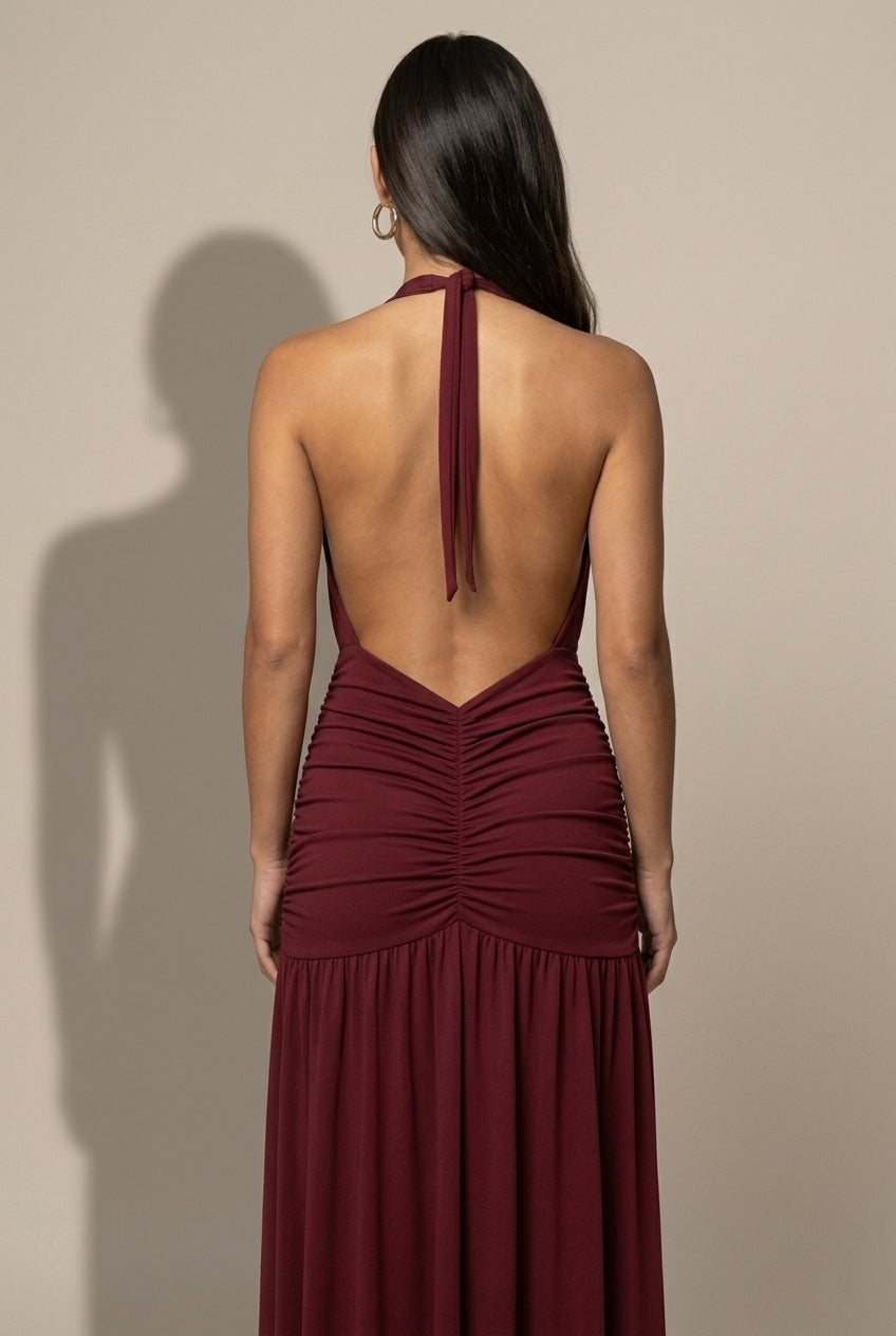 Anouska evening halter plunge maxi dress, back view