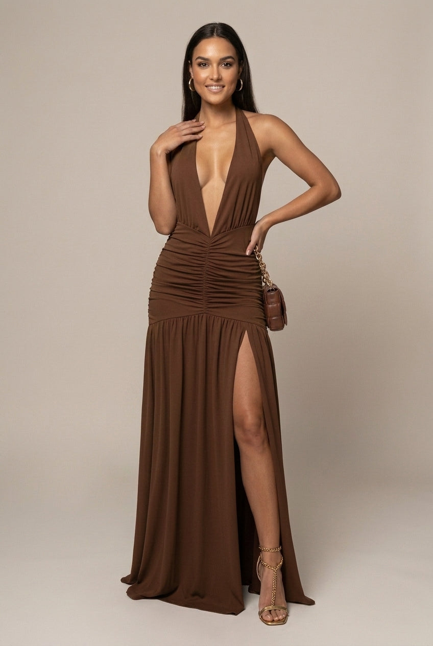 Anouska evening halter plunge maxi dress, Brown
