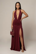 Anouska evening halter plunge maxi dress, Burgundy