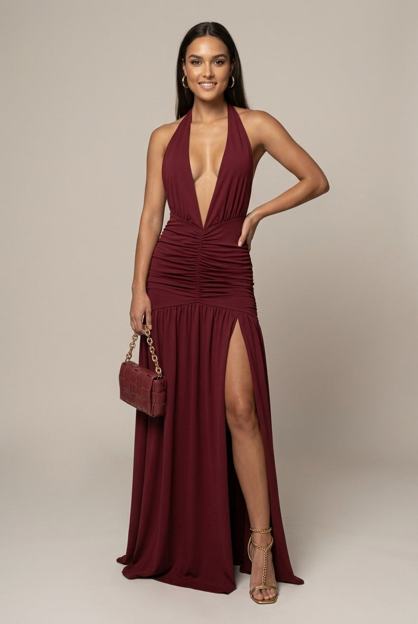 Anouska evening halter plunge maxi dress, Burgundy