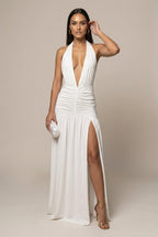 Anouska evening halter plunge maxi dress, White