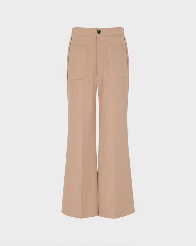 Anwen Khaki wide-leg pants in a front flat view showing the button closure and two patch pockets.