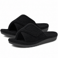Aria Black slide slippers featuring a soft fuzzy upper, adjustable strap, open-toe design, and low-profile sole