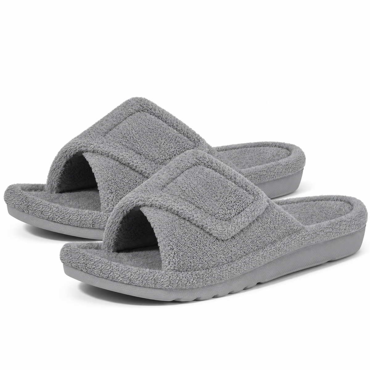 Aria Gray slide slippers featuring a soft fuzzy upper, adjustable strap, open-toe design, and low-profile sole