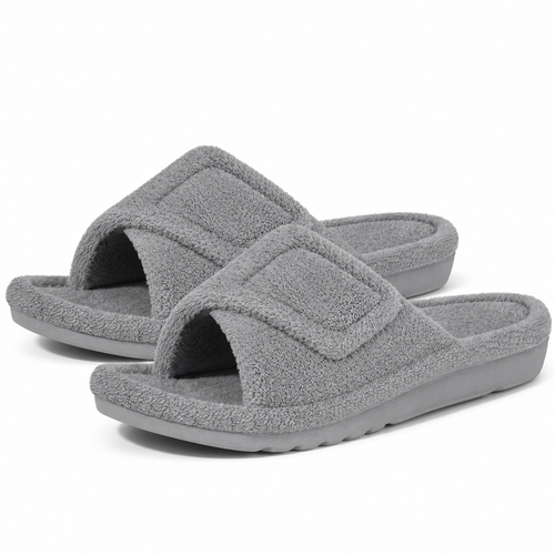 Aria Gray slide slippers featuring a soft fuzzy upper, adjustable strap, open-toe design, and low-profile sole