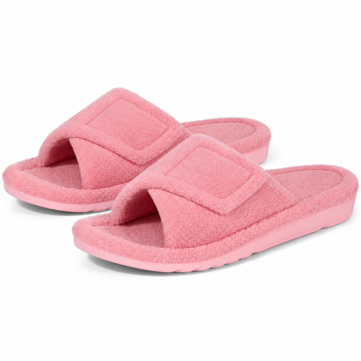 Aria Pink slide slippers featuring a soft fuzzy upper, adjustable strap, open-toe design, and low-profile sole
