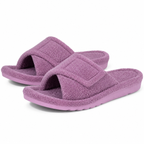 Aria Purple slide slippers featuring a soft fuzzy upper, adjustable strap, open-toe design, and low-profile sole