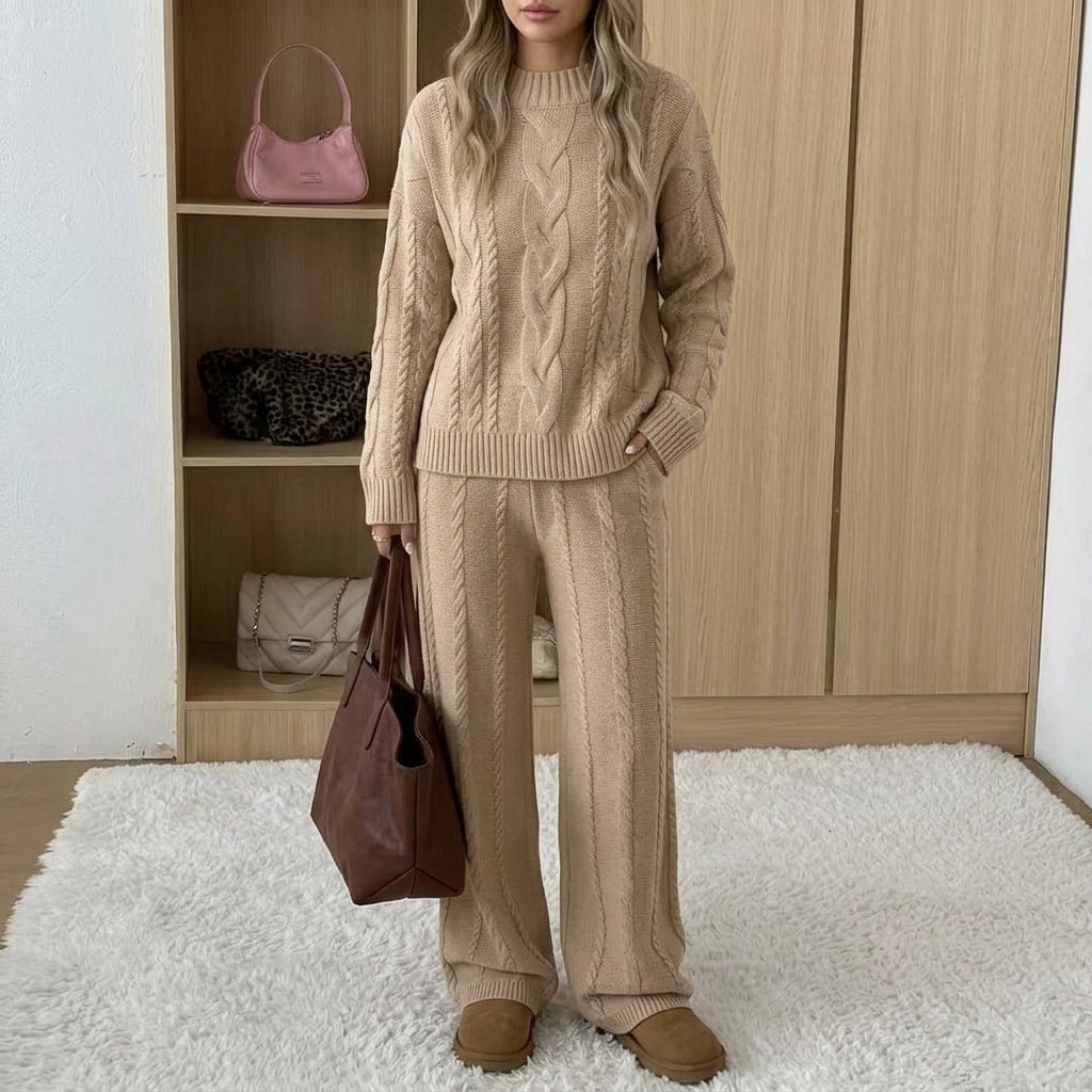 Ariana Beige cable-knit lounge set featuring a textured crewneck sweater with long sleeves and matching wide-leg pants