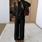 Ariana Black cable-knit lounge set with a textured crewneck sweater, relaxed fit, and matching wide-leg pants