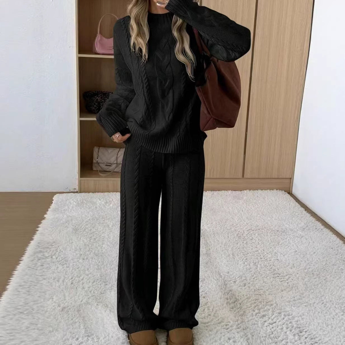 Ariana Black cable-knit lounge set with a textured crewneck sweater, relaxed fit, and matching wide-leg pants