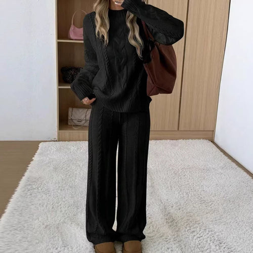 Ariana Black cable-knit lounge set with a textured crewneck sweater, relaxed fit, and matching wide-leg pants