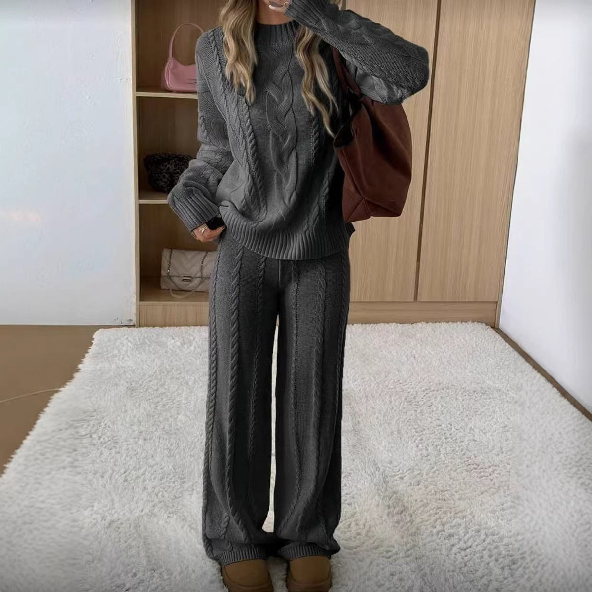 Ariana Gray cable-knit lounge set with cable-knit texture, relaxed crewneck sweater, and matching wide-leg pants
