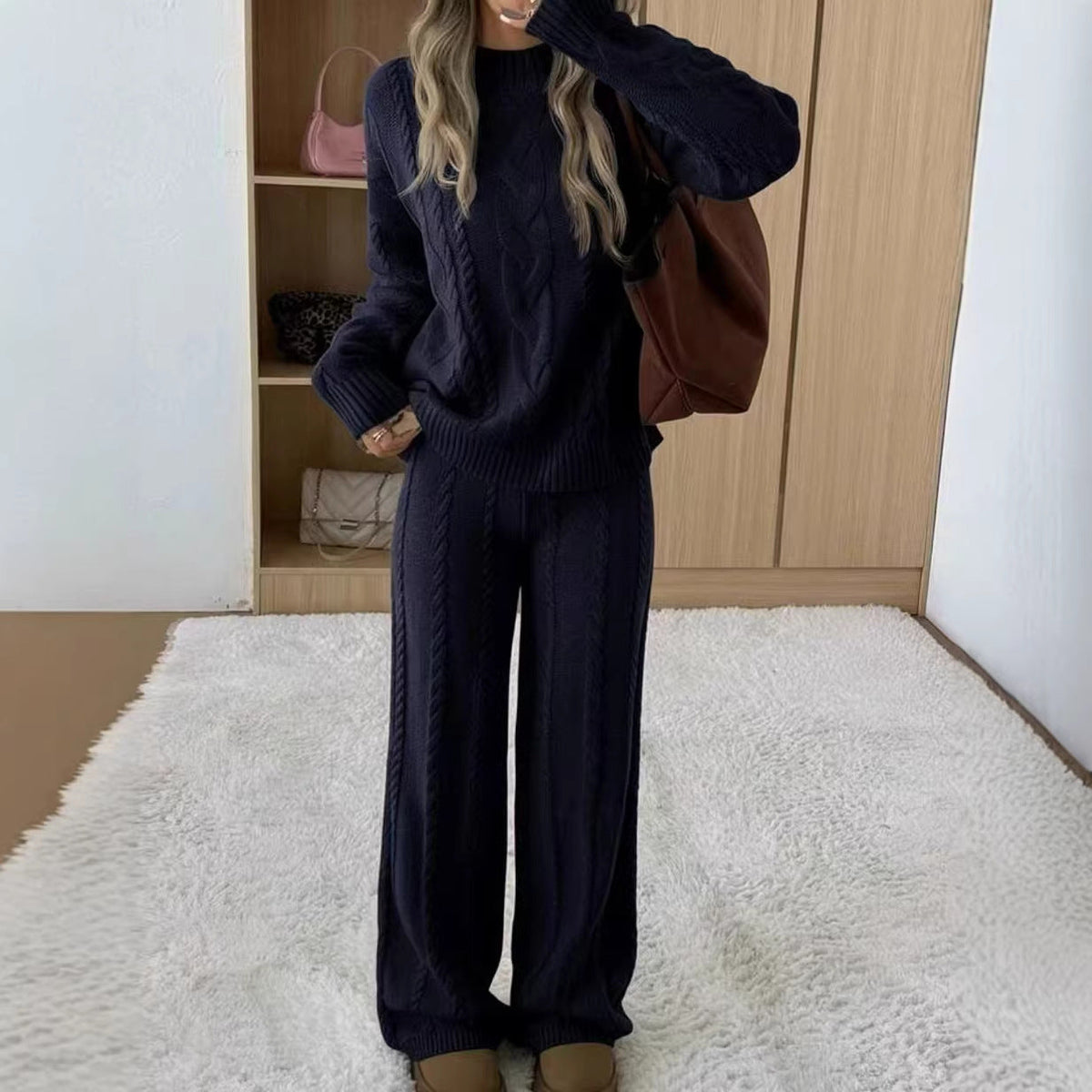 Ariana Navy cable-knit lounge set featuring a crewneck sweater with long sleeves and matching wide-leg pants
