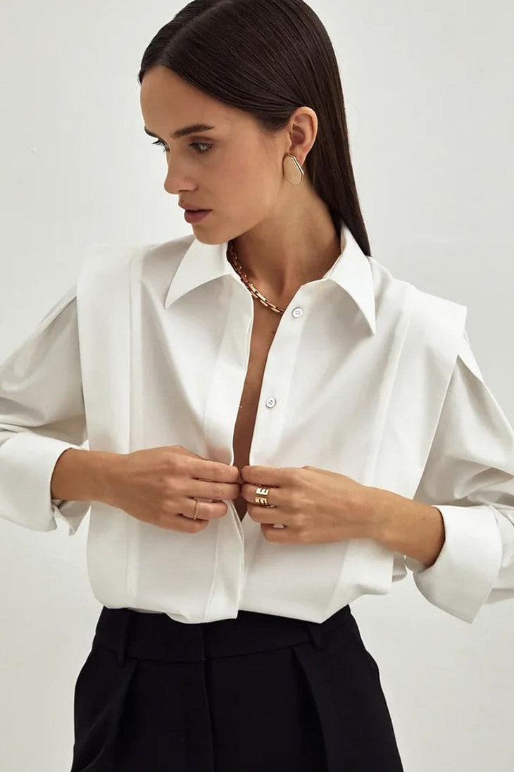 Ariana White button-down shirt close-up showing the point collar, button front and structured shoulders.