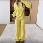 Ariana Yellow cable-knit lounge set featuring a long-sleeve crewneck sweater and coordinated wide-leg pants