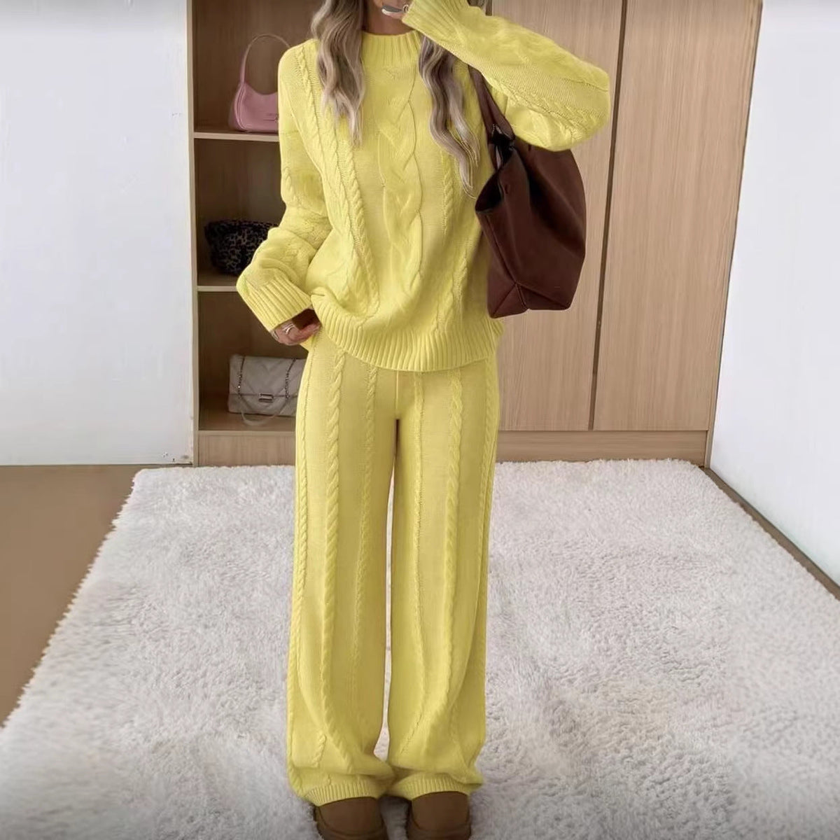 Ariana Yellow cable-knit lounge set featuring a long-sleeve crewneck sweater and coordinated wide-leg pants