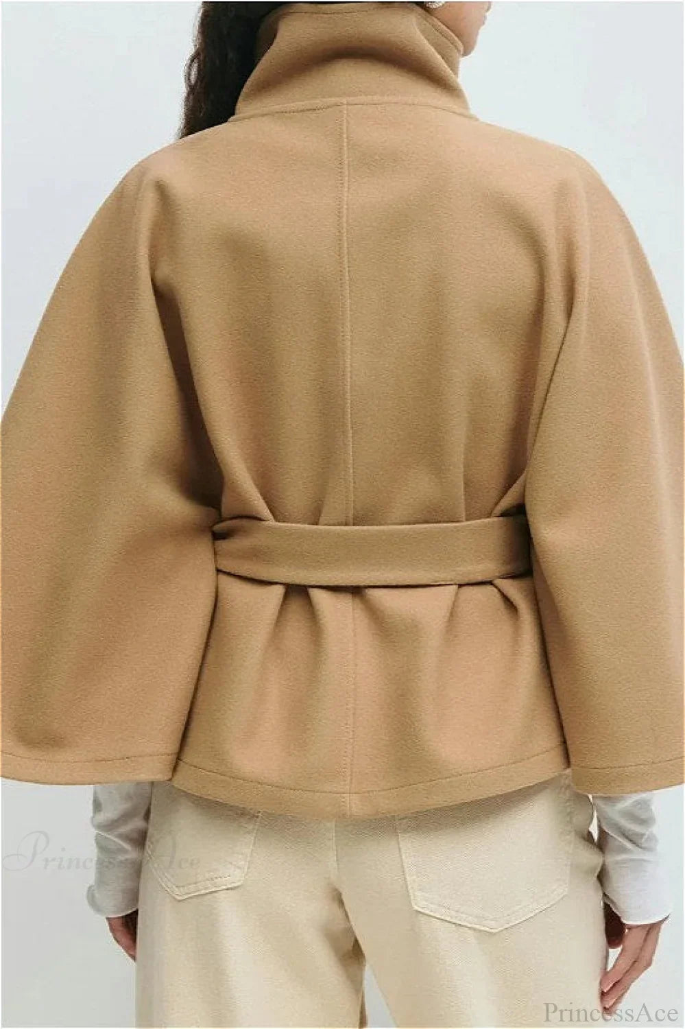Arielle Khaki belted cape jacket shown from the back with the belt cinching the waist and wide batwing sleeves.
