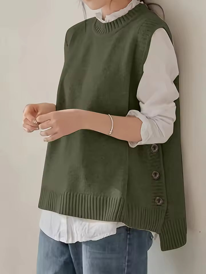 Audrey Green knit sweater vest with relaxed silhouette and side-button detailing