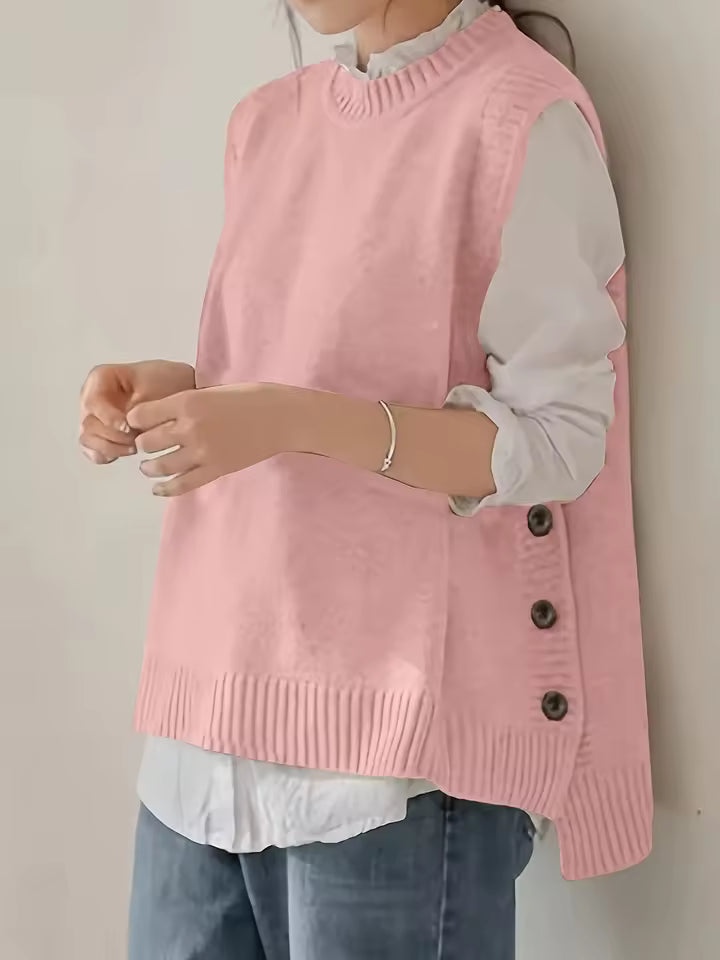 Audrey Pink knit sweater vest with ribbed hem and side-button design