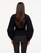 Aurelia Black cardigan from the back showing the balloon sleeves and fitted waist.