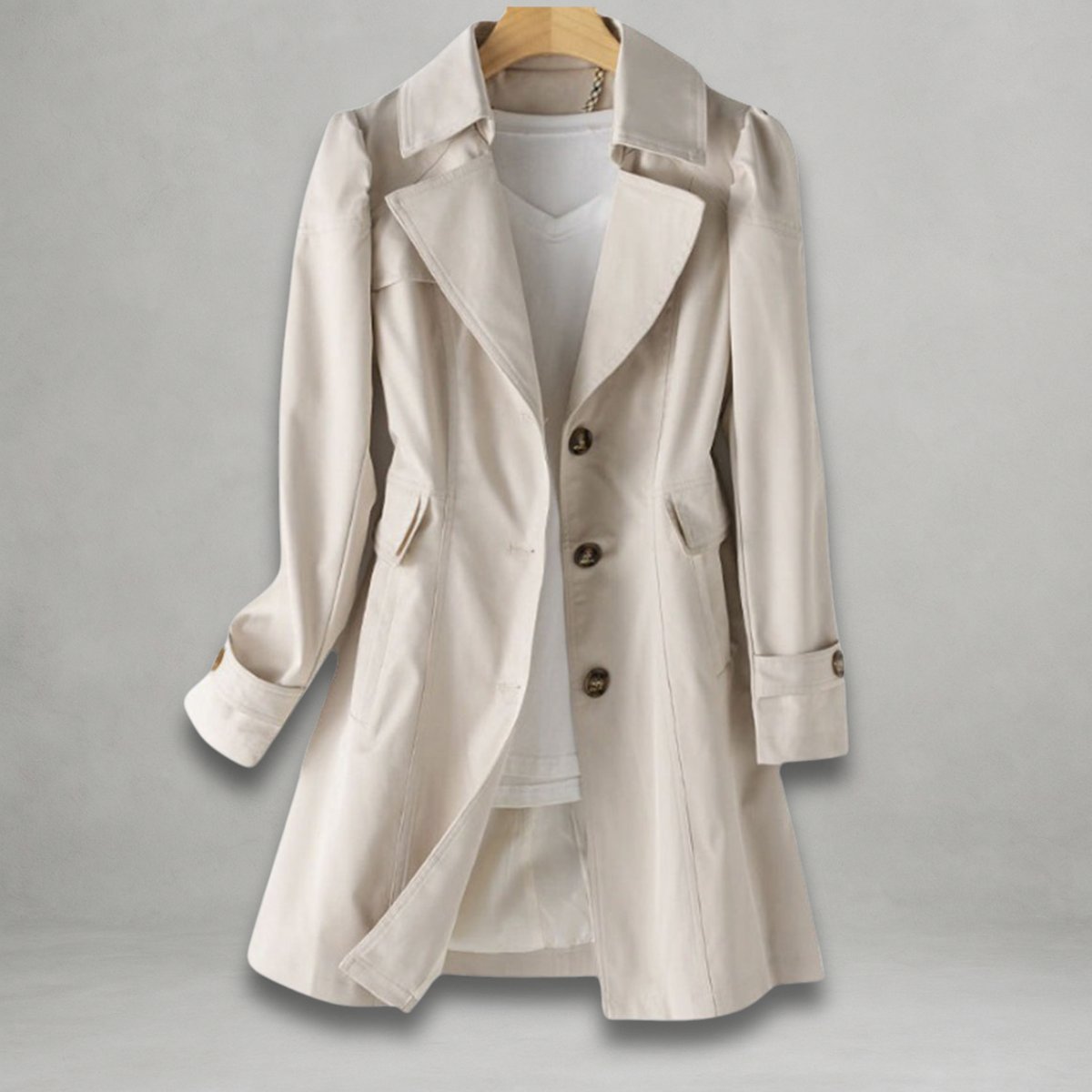 Front view of the Aurora Trench Coat with Belted Notch Collar in beige, featuring wide notched lapels, a double-breasted button front, long sleeves with cuff straps, matching waist belt, and a flared mid-length silhouette. Designed by Bella Hudson.