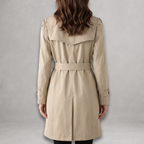 Back view of the Aurora Trench Coat with Belted Notch Collar in khaki, featuring a matching waist belt, long sleeves, structured back construction, and straight mid-length silhouette. Designed by Bella Hudson.