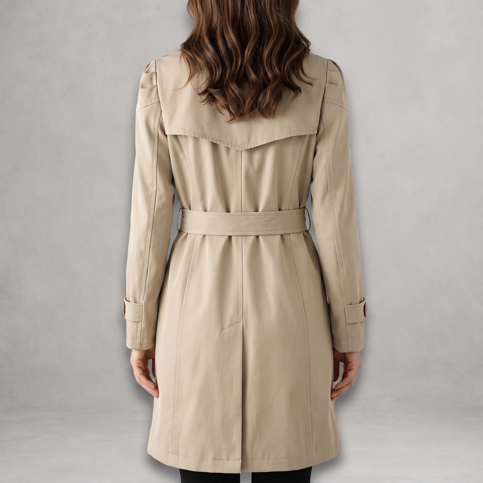 Back view of the Aurora Trench Coat with Belted Notch Collar in khaki, featuring a matching waist belt, long sleeves, structured back construction, and straight mid-length silhouette. Designed by Bella Hudson.