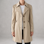 Front view of the Aurora Trench Coat with Belted Notch Collar in khaki, featuring wide notched lapels, a double-breasted button front, long sleeves, side pockets, and a straight mid-length silhouette. Designed by Bella Hudson.