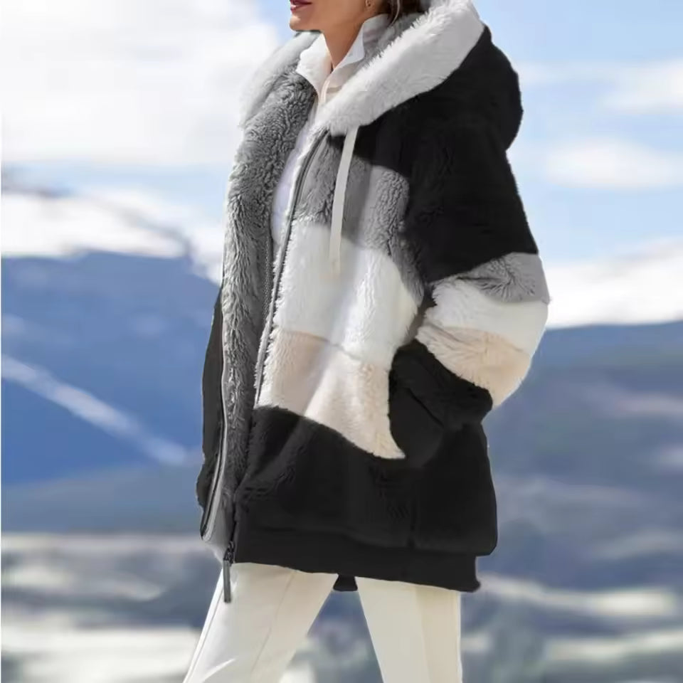 Ava Black hooded plush jacket with zip-front closure and relaxed silhouette