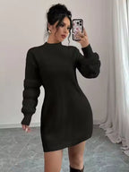 Ava Black mock-neck knit mini dress with textured sleeves and fitted silhouette