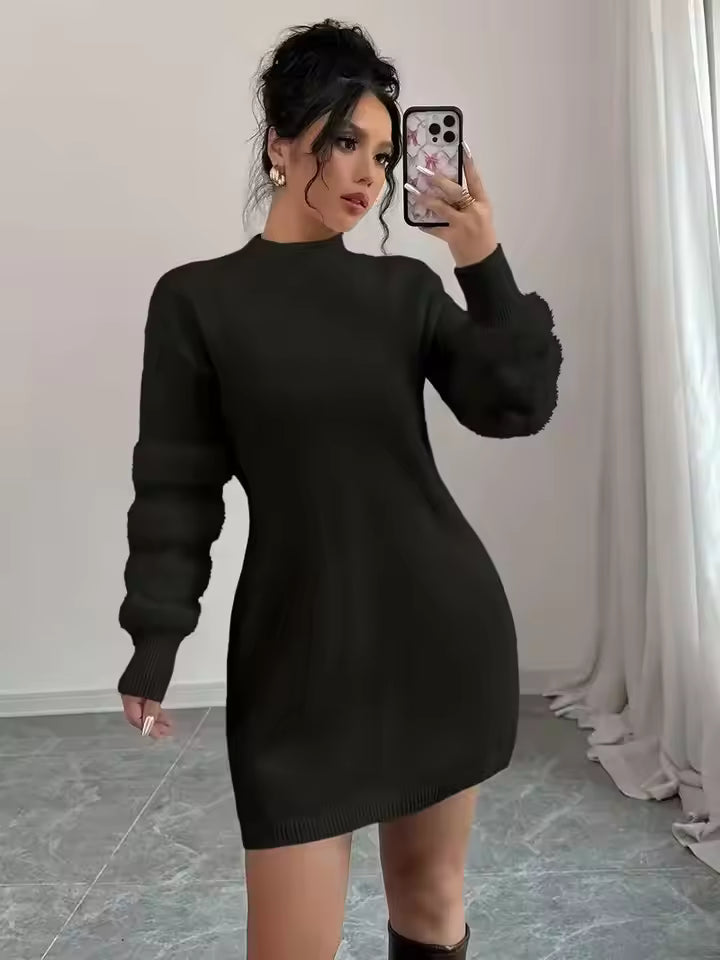 Ava Black mock-neck knit mini dress with textured sleeves and fitted silhouette