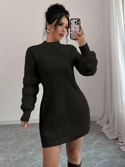Ava Black mock-neck knit mini dress with textured sleeves and fitted silhouette