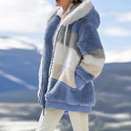 Ava Blue hooded plush jacket with contrasting patchwork panels and front pockets