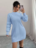 Ava Blue mock-neck knit mini dress with textured long sleeves, fitted silhouette, and ribbed hem