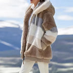 Ava Brown hooded plush jacket with relaxed fit, patchwork design, and front zipper