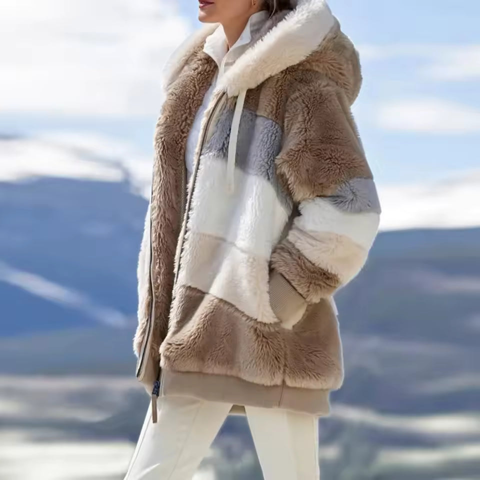 Ava Brown hooded plush jacket with relaxed fit, patchwork design, and front zipper