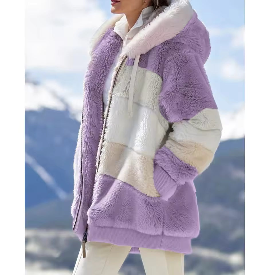 Ava oversized hooded plush jacket with patchwork panels, front zipper, and roomy pockets