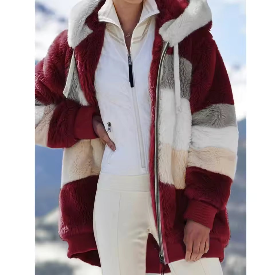 Ava plush jacket with contrasting patchwork panels, attached hood, and zip-front closure