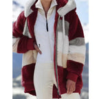 Ava plush jacket with contrasting patchwork panels, attached hood, and zip-front closure