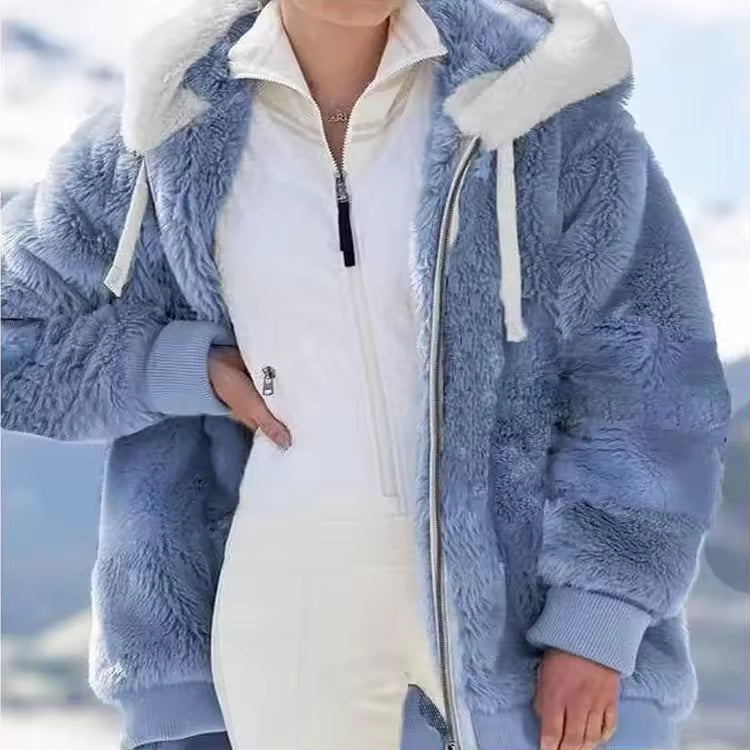 Ava hooded plush jacket with relaxed silhouette and contrasting patchwork design