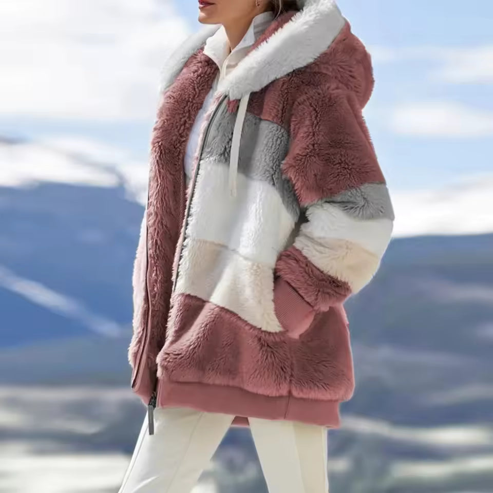 Ava Pink hooded plush jacket with patchwork panels, zip-front closure, and front pockets