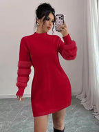 Ava Red mock-neck knit mini dress with textured sleeves, fitted waist, and ribbed hem