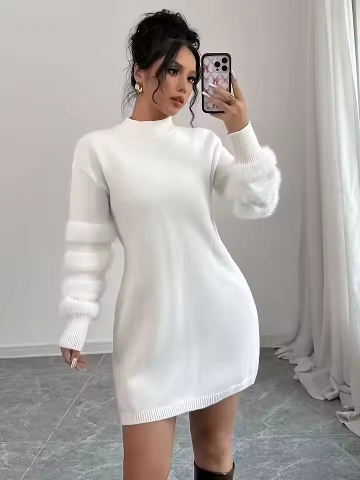 Ava White mock-neck knit mini dress with textured long sleeves, ribbed cuffs, and mini-length hem