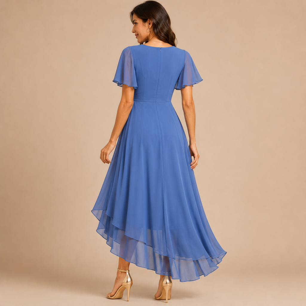 Bella Hudson Aveline Midi Dress in blue featuring a floral print, asymmetric hem, and flowy silhouette, back view.