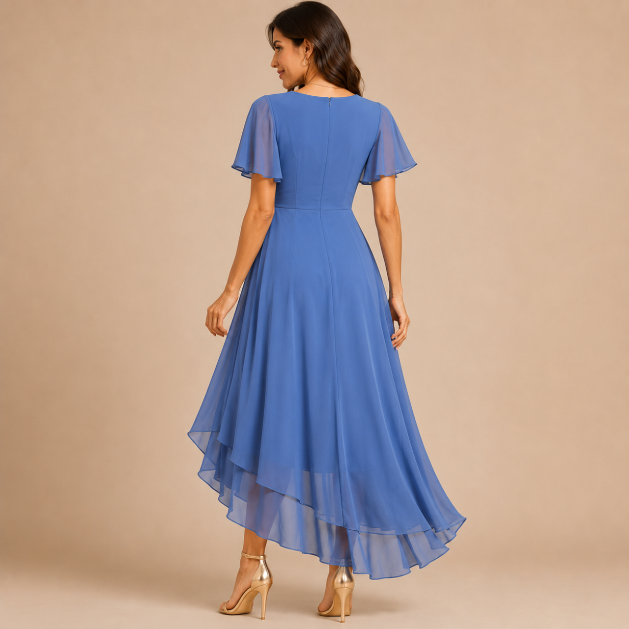 Bella Hudson Aveline Midi Dress in blue featuring a floral print, asymmetric hem, and flowy silhouette, back view.
