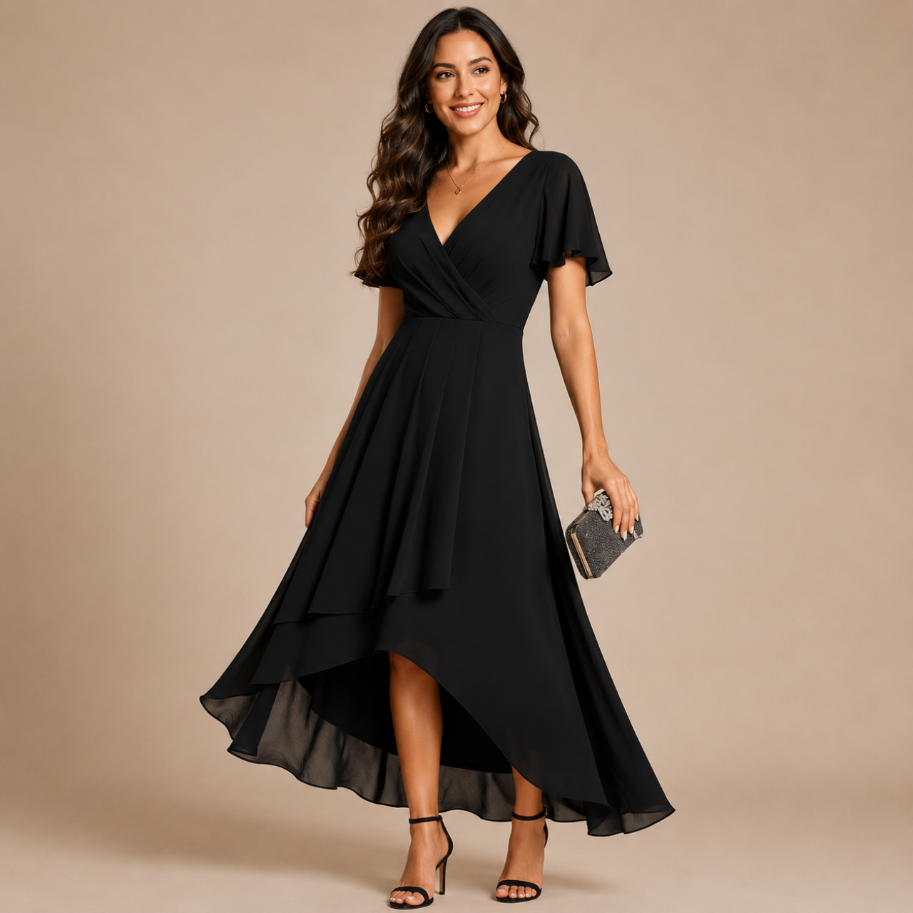 Bella Hudson Aveline Midi Dress in black featuring a floral print, asymmetric hem, and flowy silhouette, front view.
