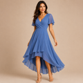 Bella Hudson Aveline Midi Dress in blue featuring a floral print, asymmetric hem, and flowy silhouette, front view.