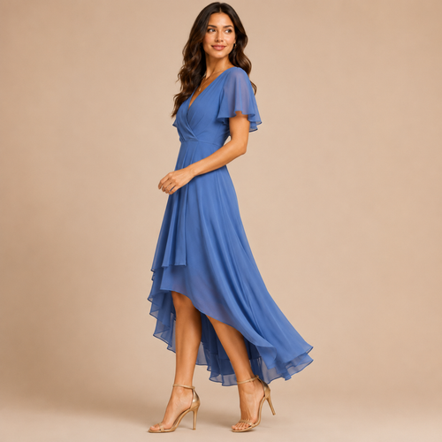Bella Hudson Aveline Midi Dress in blue featuring a floral print, asymmetric hem, and flowy silhouette, side view.