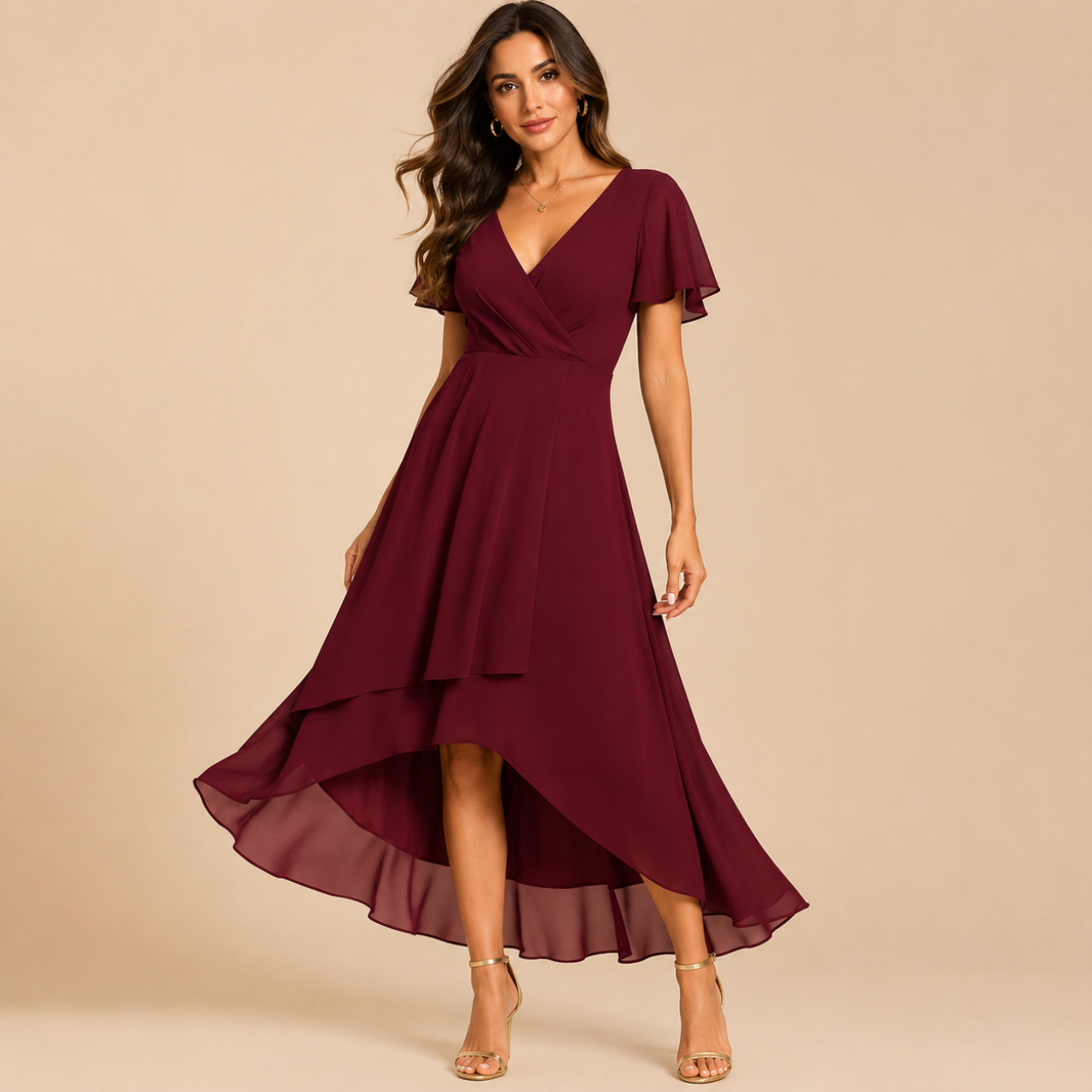 Bella Hudson Aveline Midi Dress in burgundy featuring a floral print, asymmetric hem, and flowy silhouette, front view.